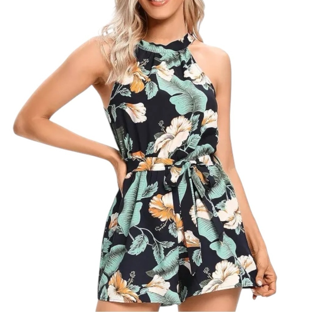 Lyaner Floral Print Romper Halter Tie Neck Plunge Back Elastic Waist 3” Inseam